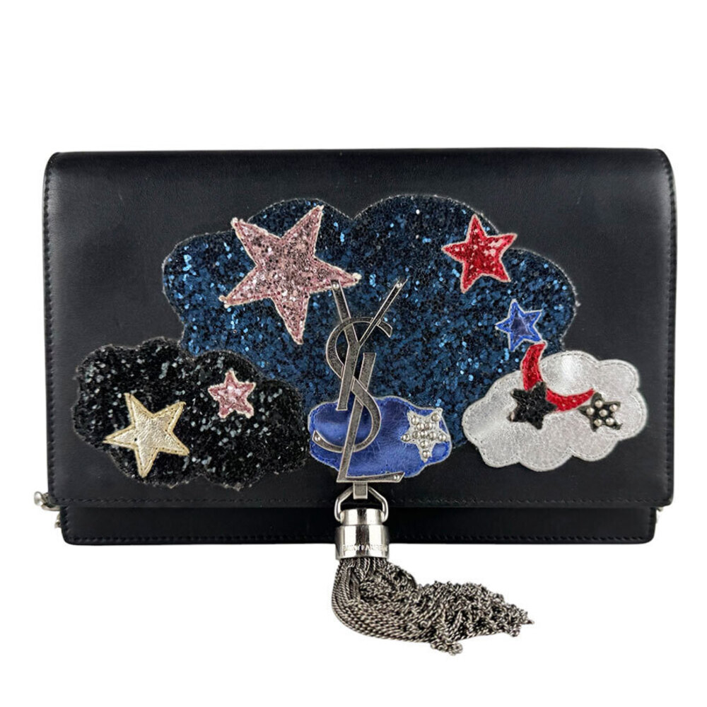 Saint Laurent Crossbody Bag Chain Wallet Leather Metal Black Silver